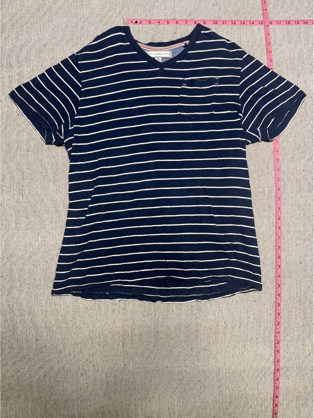 Men's pd&c Navy Blue and White Striped Cotton V-Neck T XL